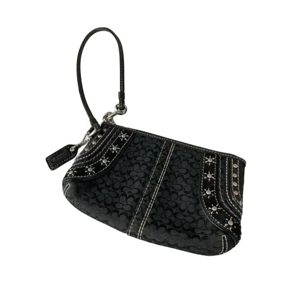Coach Signature Black Canvas Stitched Star Studded Zipper Wristlet Wallet - Picture 1 of 5